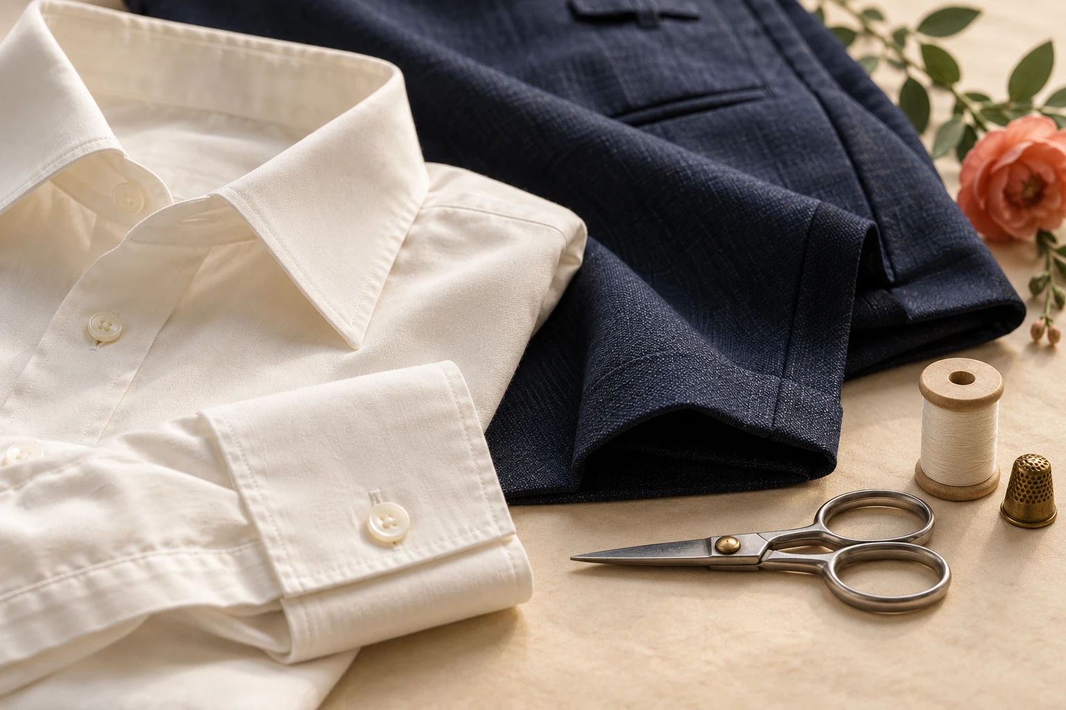 Original illustrative still life of an ivory shirt, navy wool, tailoring scissors and thread.